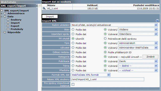 Obrázek 1 - XML export/import